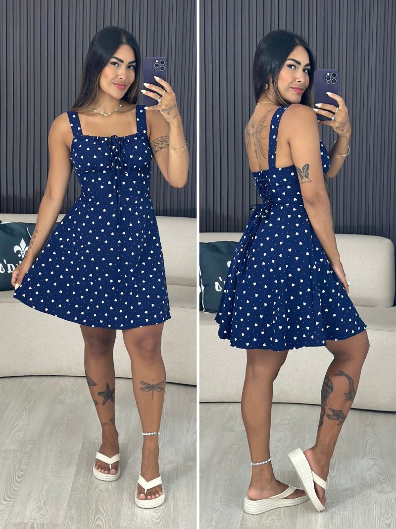 vestido curto zaza azul escuro com coração branco 6007