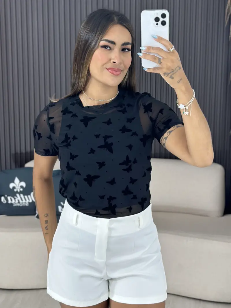 camisa de tule com borboletas branca 6285