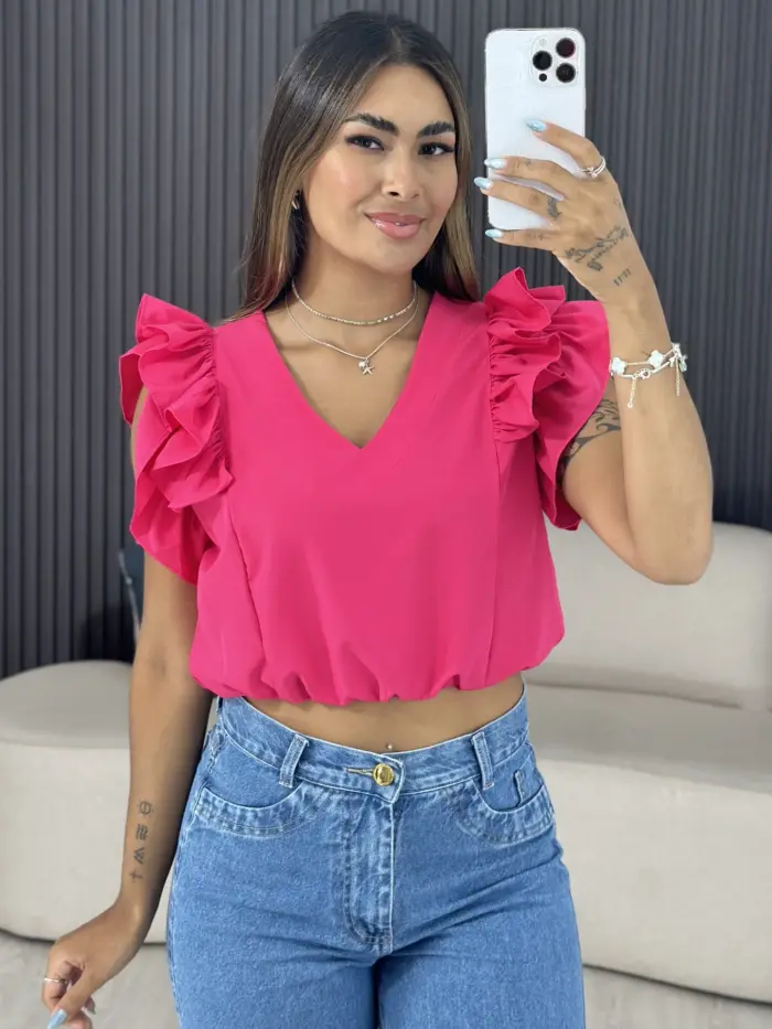 cropped manga bufante rosa 6407
