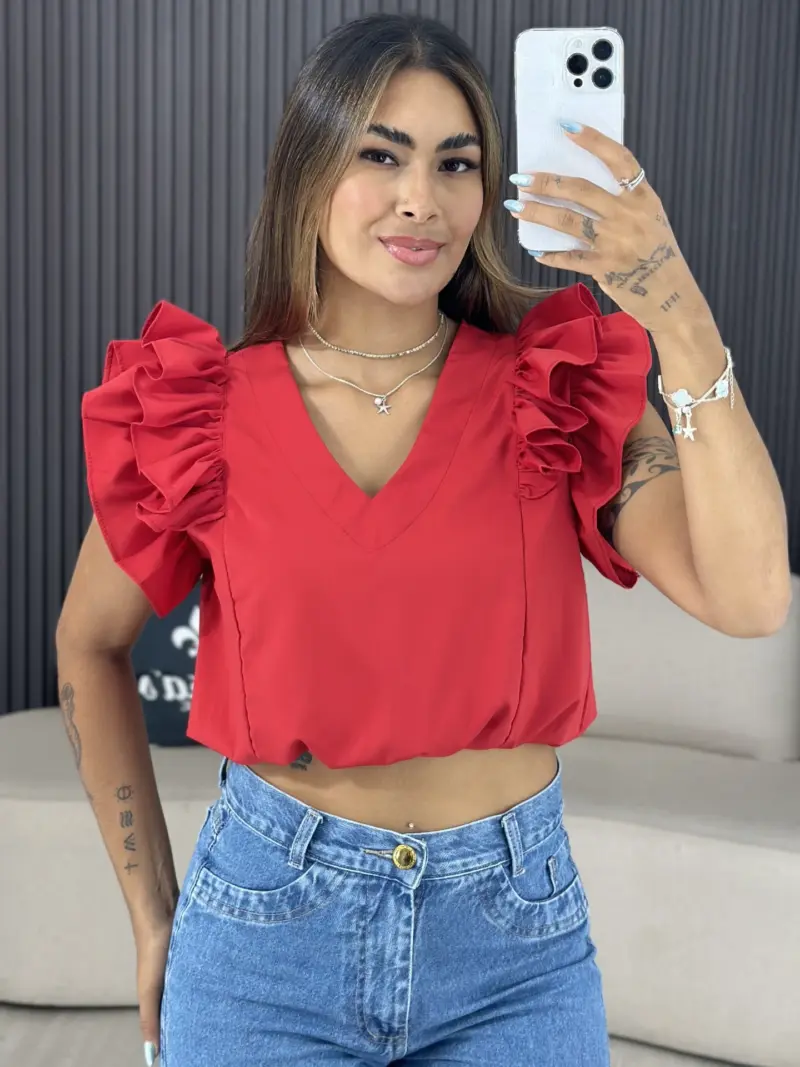 cropped manga bufante rosa 6407