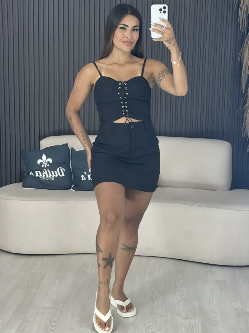 conjunto alfaiataria shorts saia e colete preto 6264