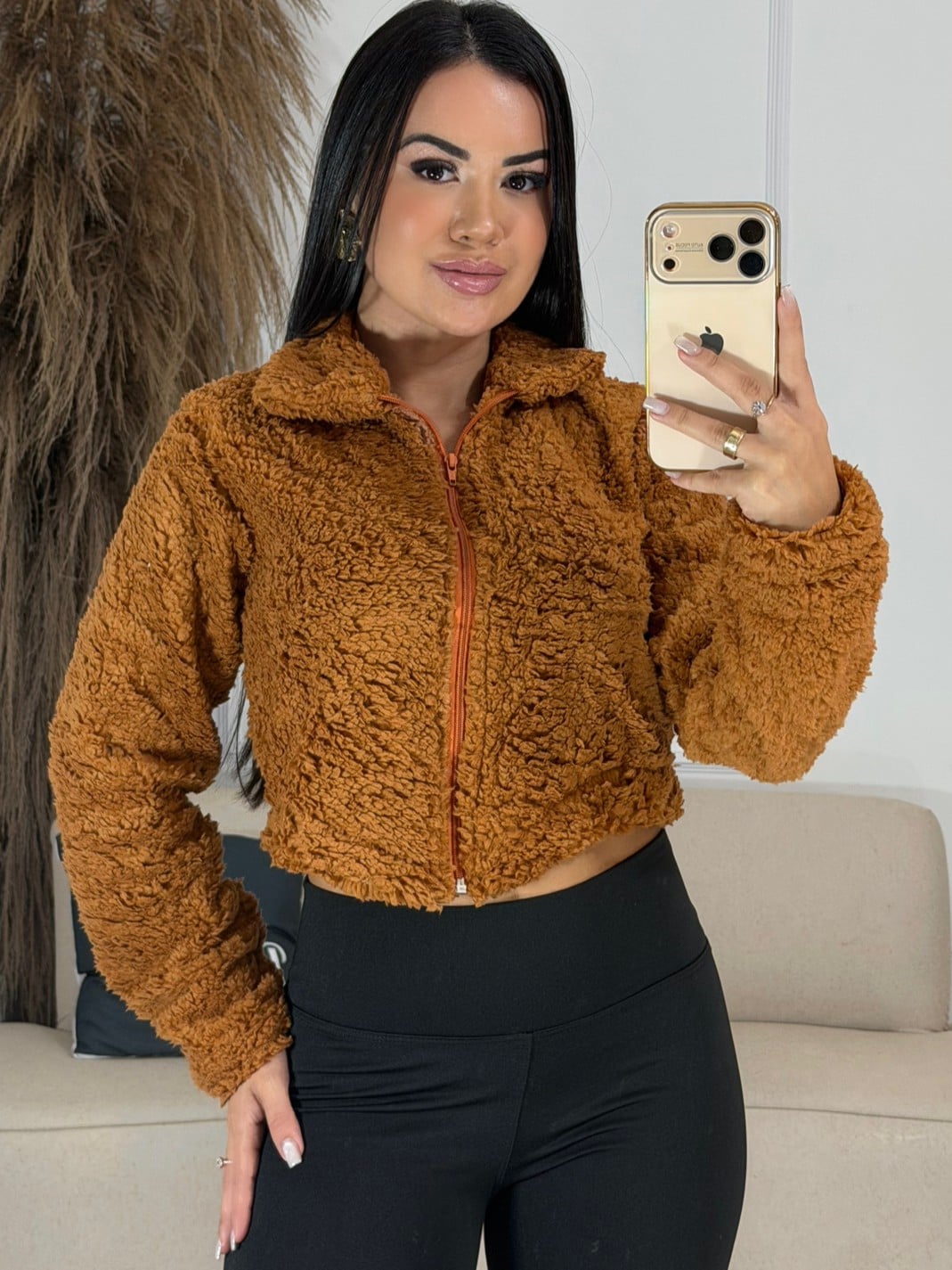 casaco teddy com ziper caramelo 6795
