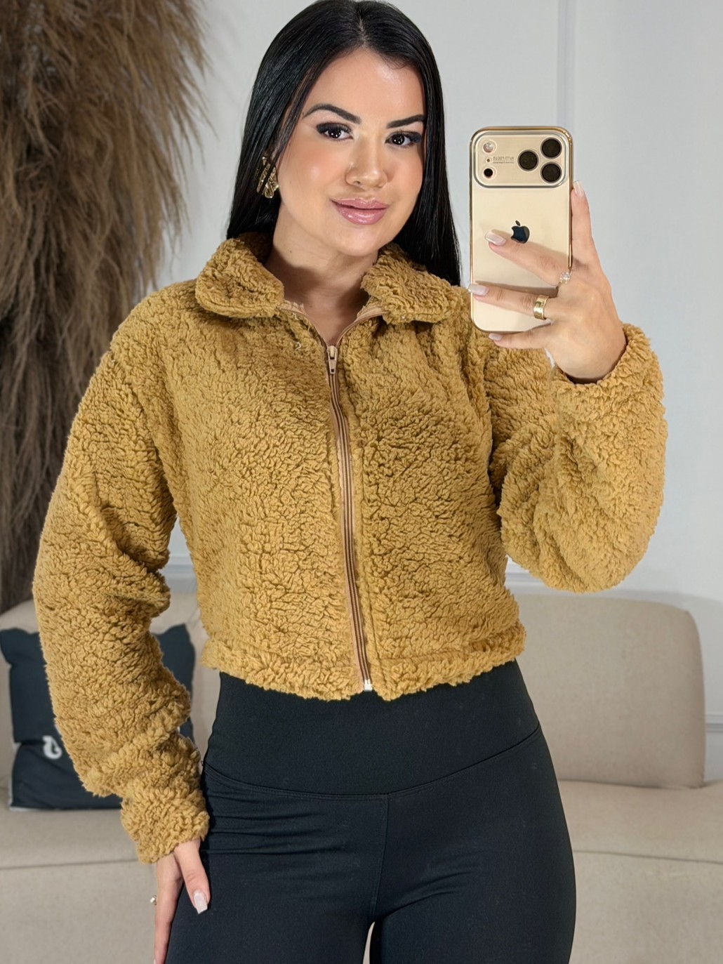 casaco teddy com ziper amarelo queimado 6798