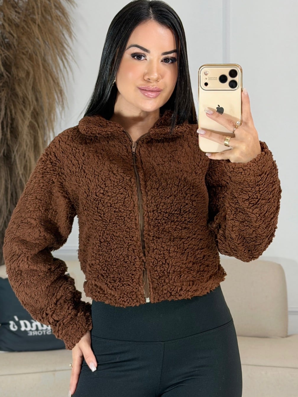 casaco teddy com ziper marrom 6794