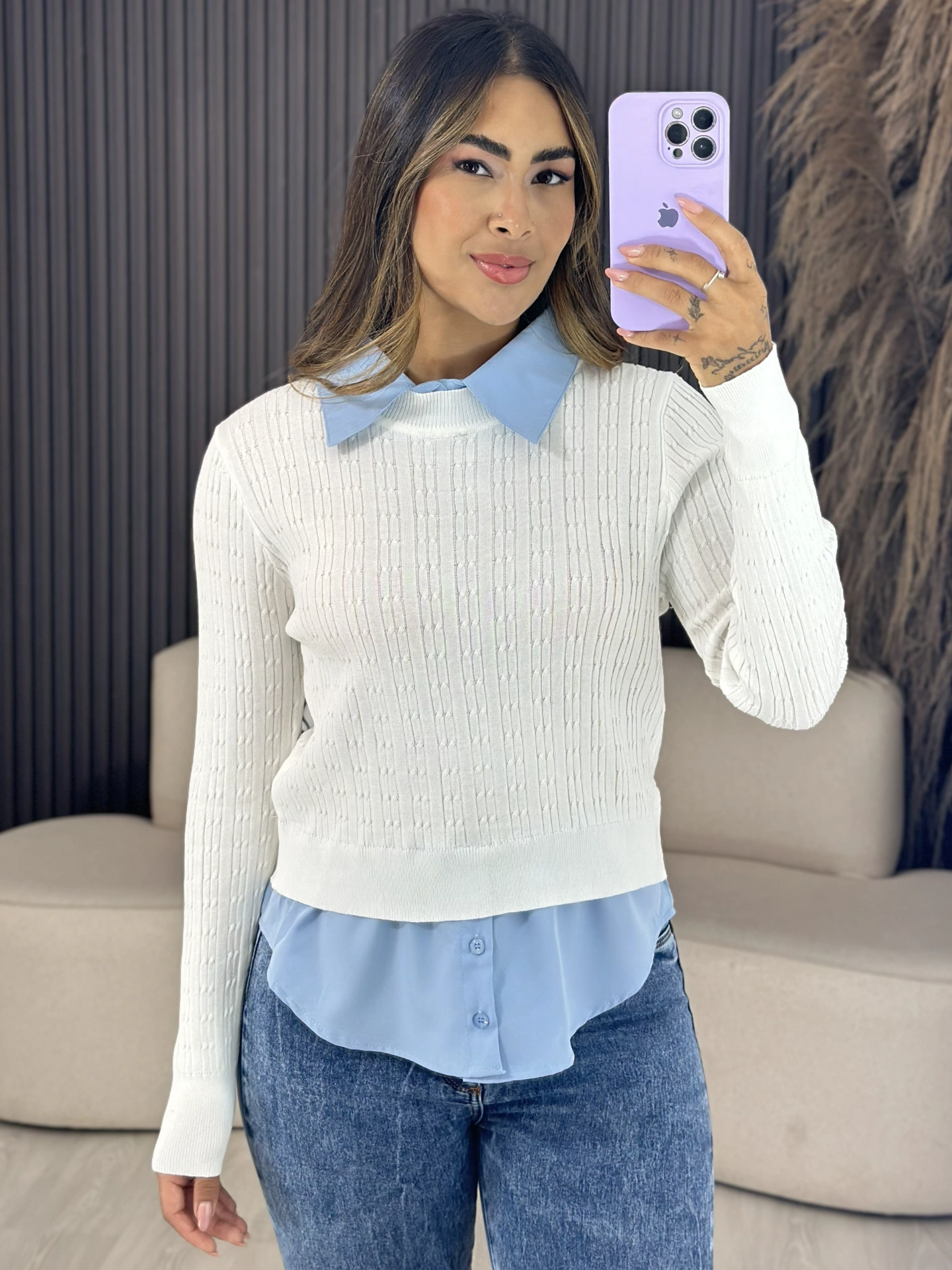 blusa duo clássica off e azul 6676