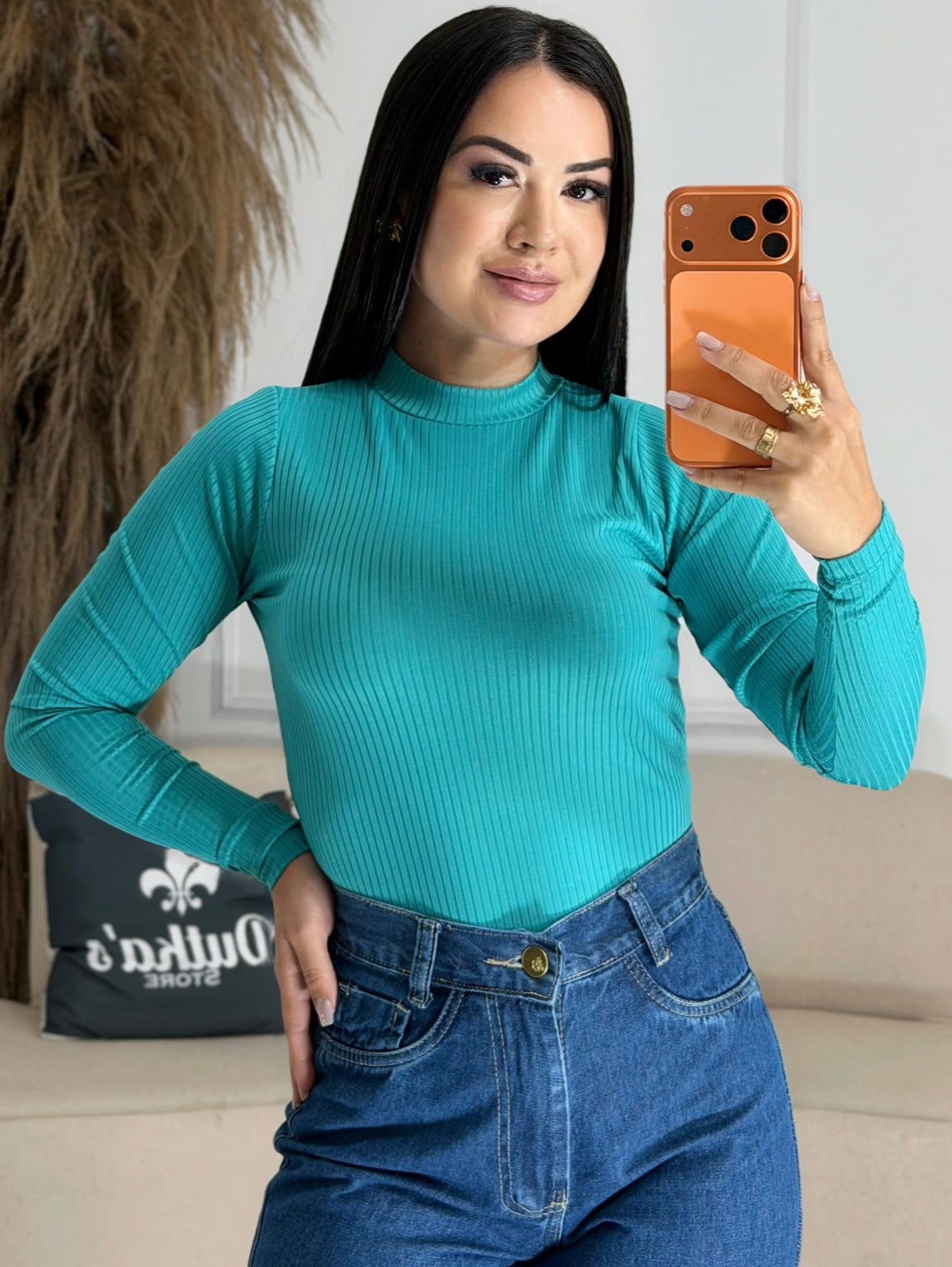 blusa canelada gola alta azul turquesa 6766