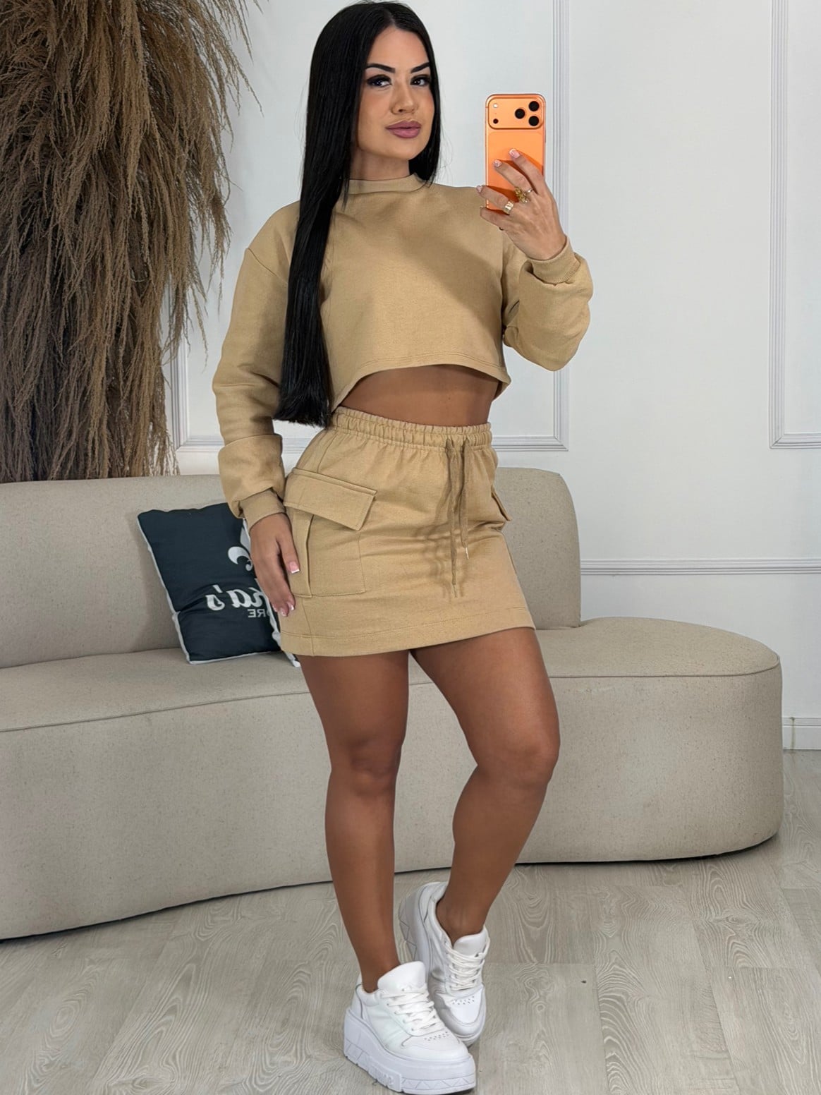 conjunto de saia e blusa de moletom branco 6906