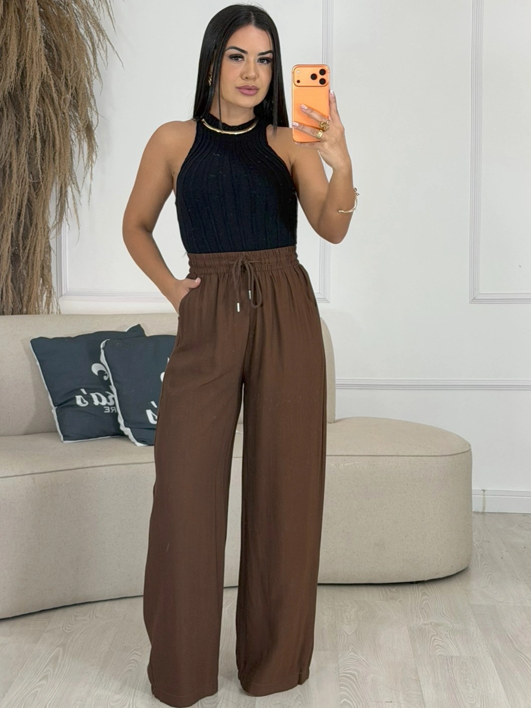 calça linho marrom 6889