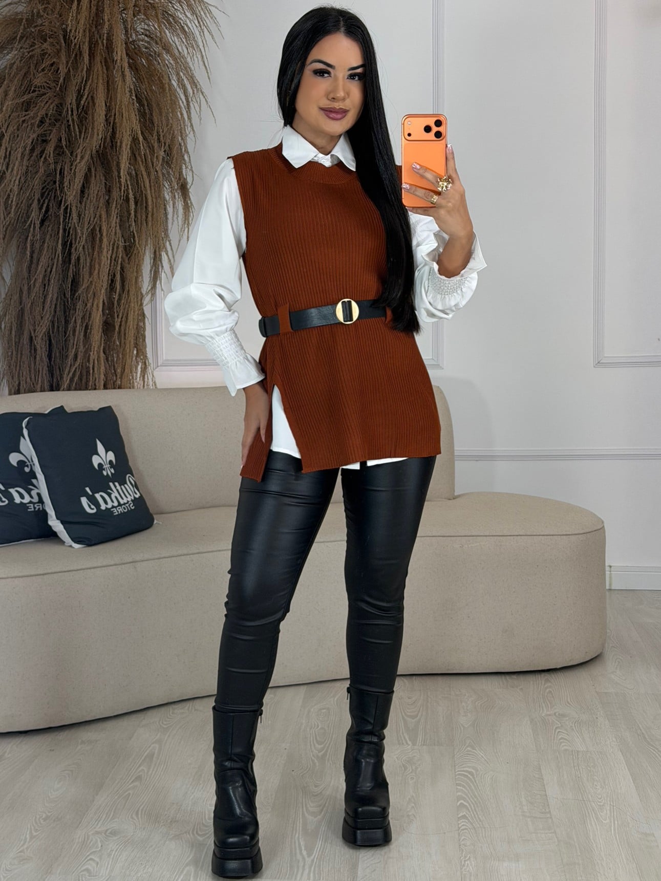 conjunto camisa e colete com cinto preto 6929