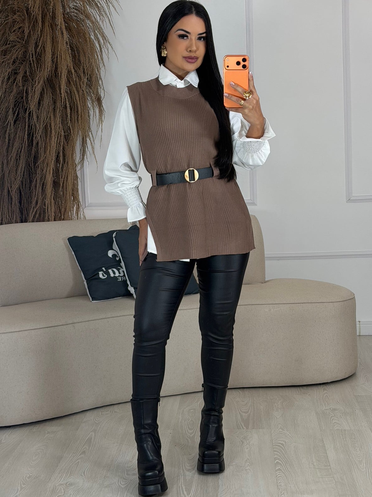 conjunto camisa e colete com cinto preto 6929
