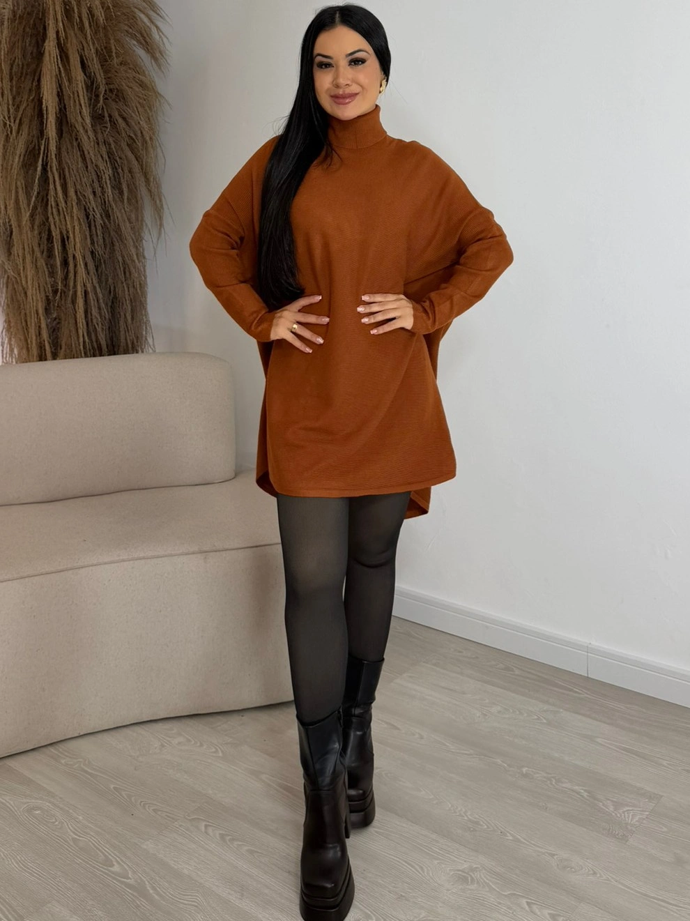 vestido suéter oversized gola alta marrom 7033