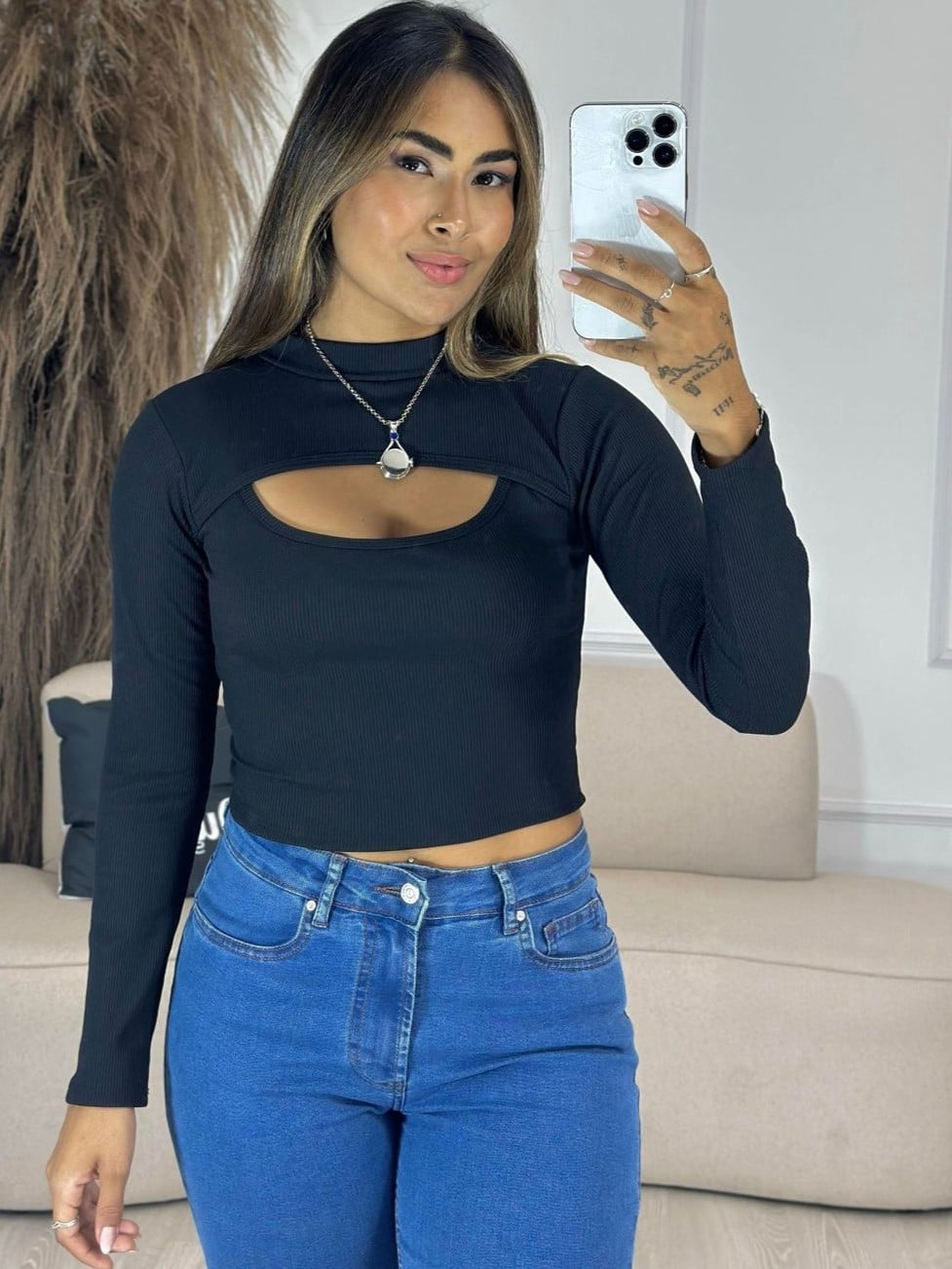cropped manga longa preto 6826
