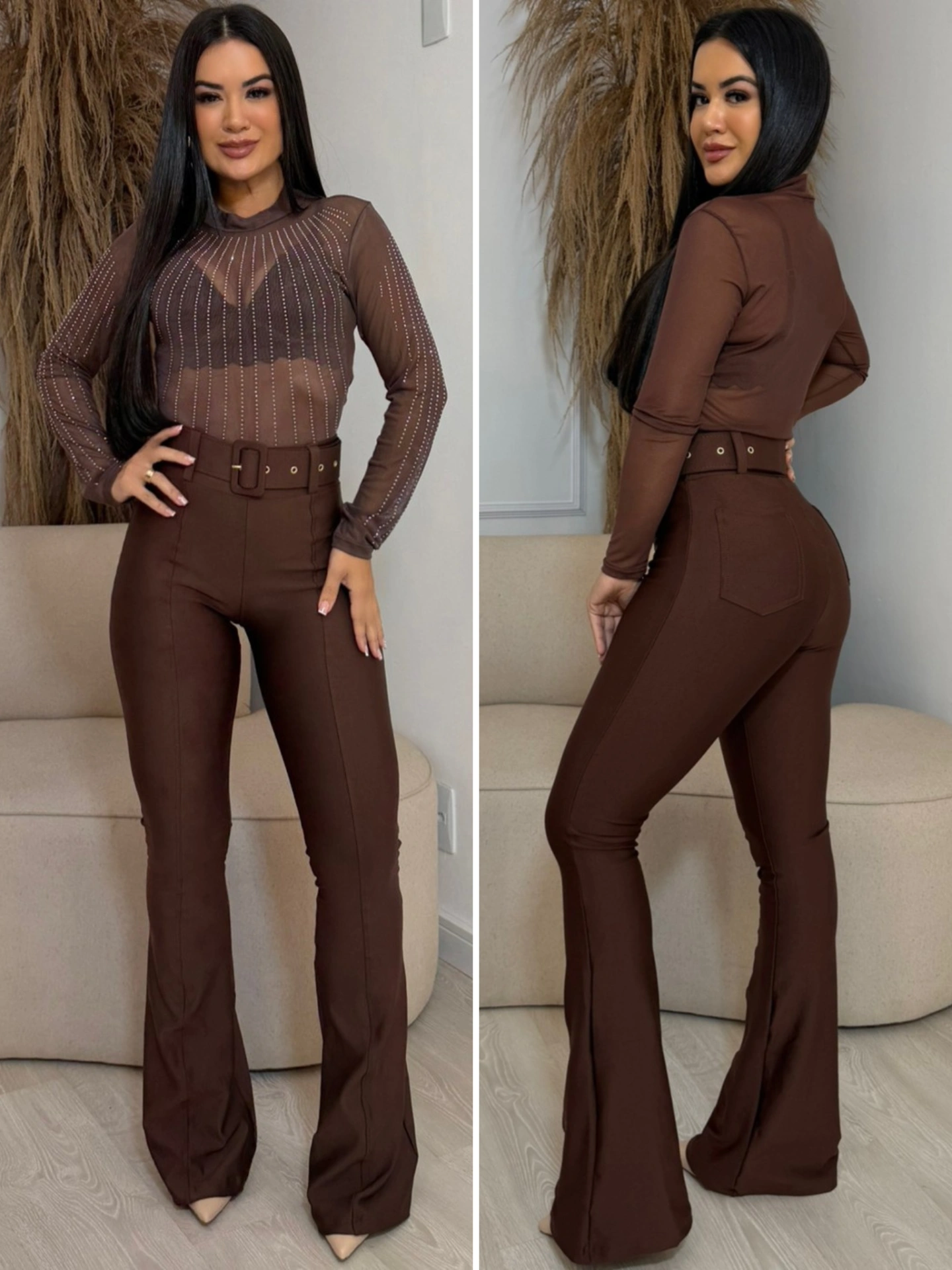 calça flare com cinto marrom 7080