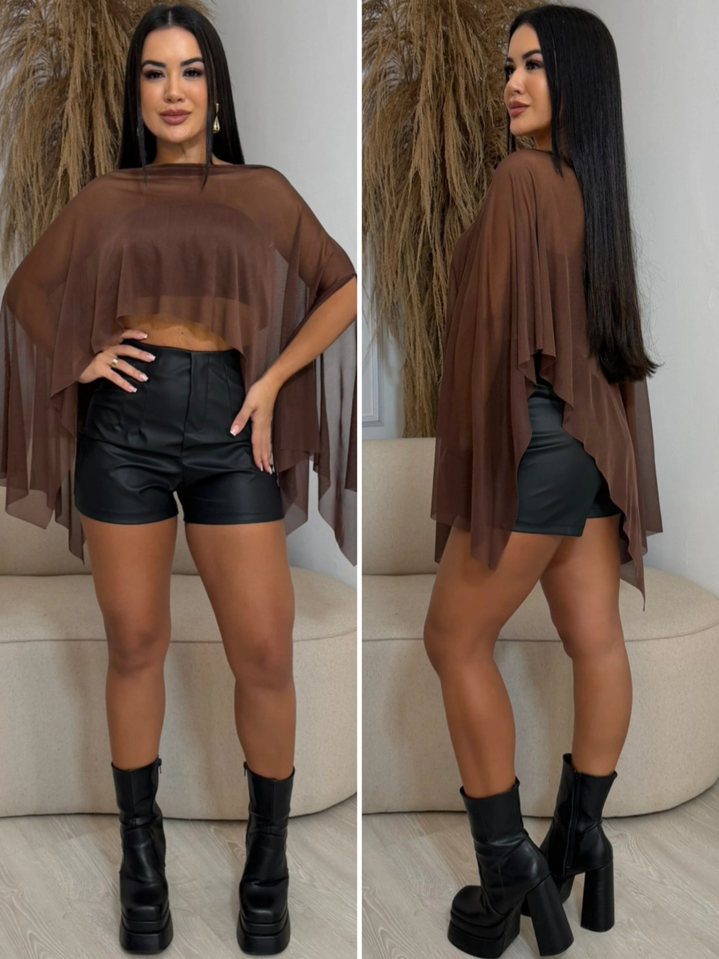conjunto bata de tule e cropped bege 7066