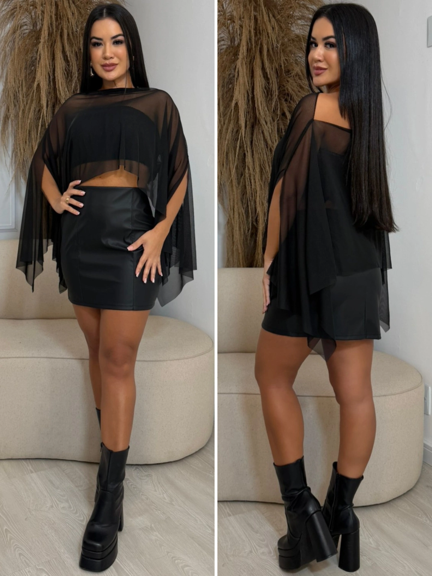conjunto bata de tule e cropped bege 7066